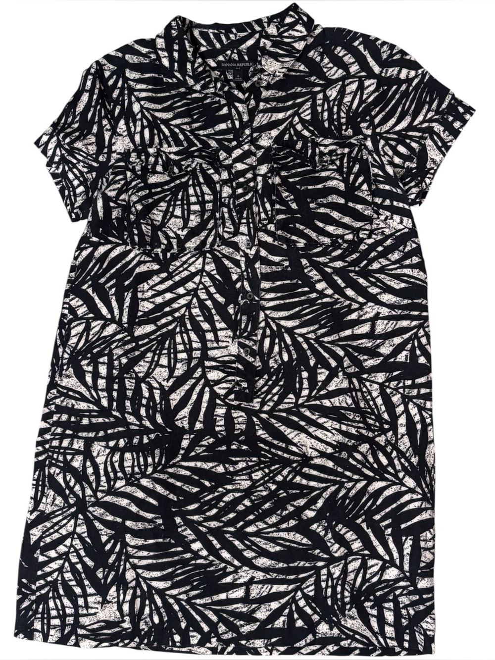 Banana Republic Linen Black Ivory Leaf Fern Print Shirt Dress Collared Sz 6 Boho